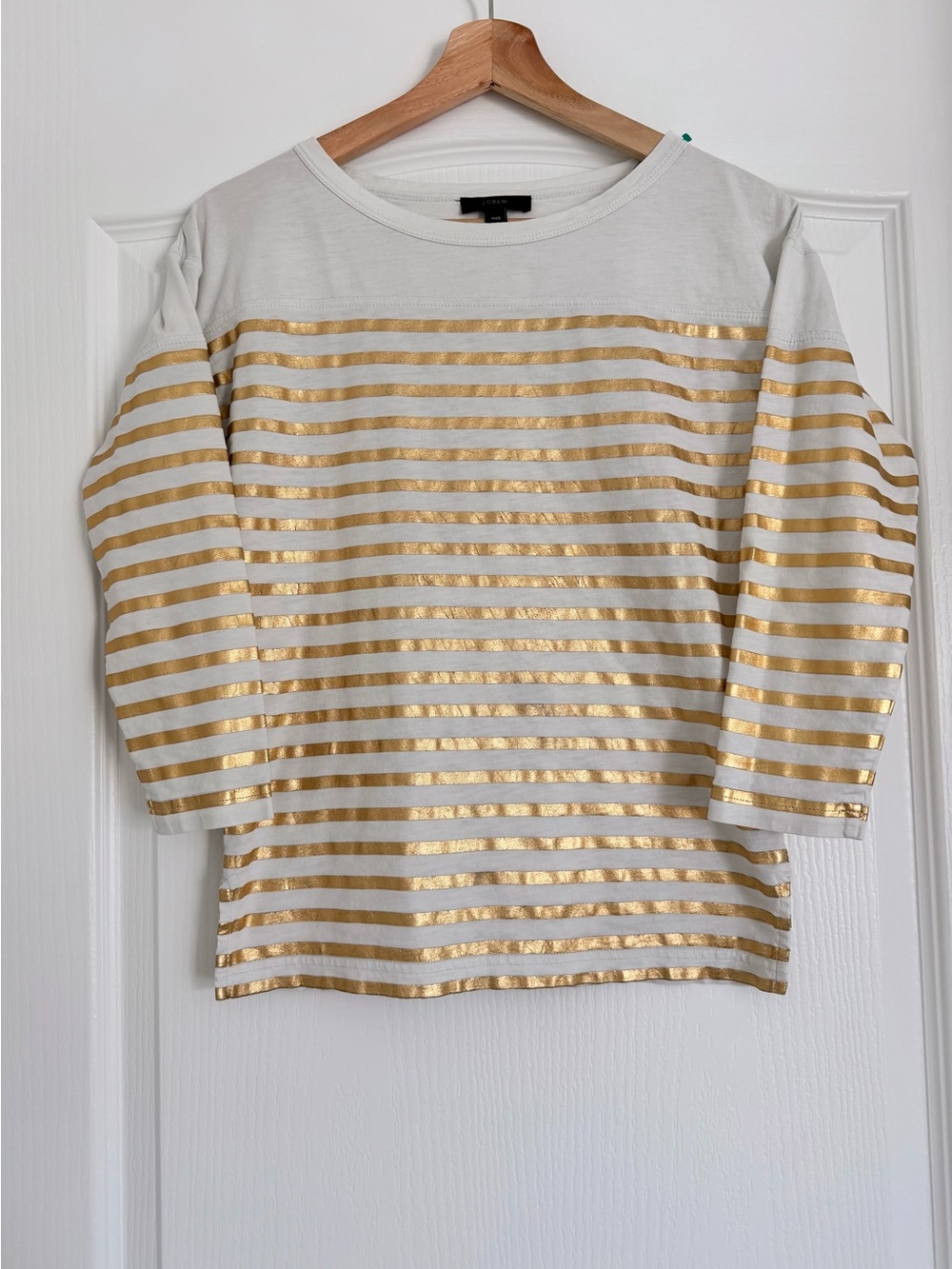 J. Crew White Top with Metallic Gold Stripes - Long Sleeve